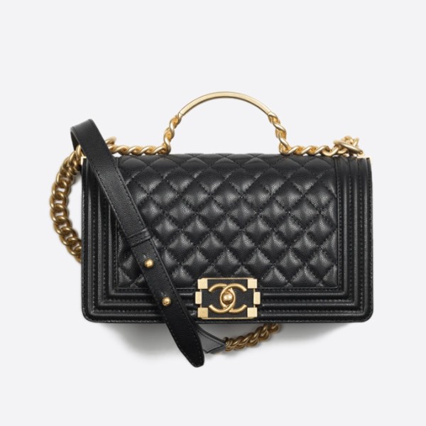 CHANEL BOY CHANEL FLAP BAG WITH HANDLES Glossy grained calfskin, gold metal black A94804 B13694 94305