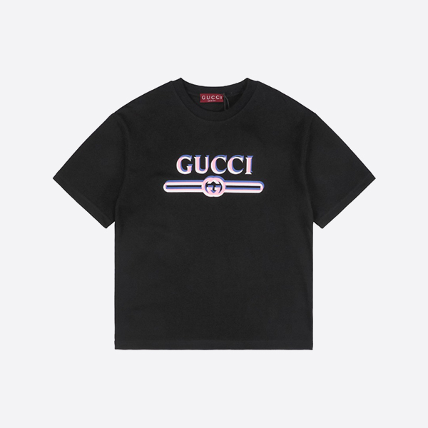 グッチ ピンク ブルー ホワイト プリント コットン ジャージー T シャツ ブラック