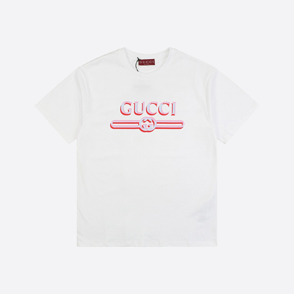 グッチ ピンク ブルー ホワイト プリント コットン ジャージー Tシャツ ホワイト