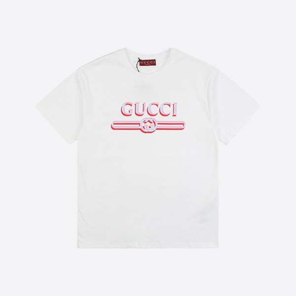 グッチ ピンク ブルー ホワイト プリント コットン ジャージー Tシャツ ホワイト