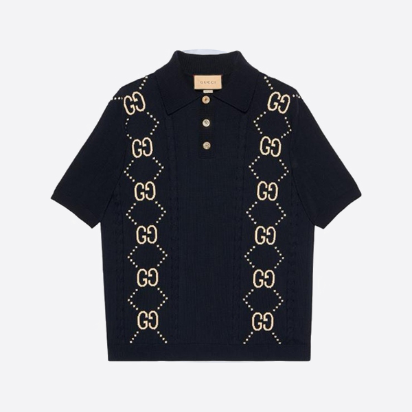 グッチ GGインターシャ コットンニット ポロシャツ ネイビー