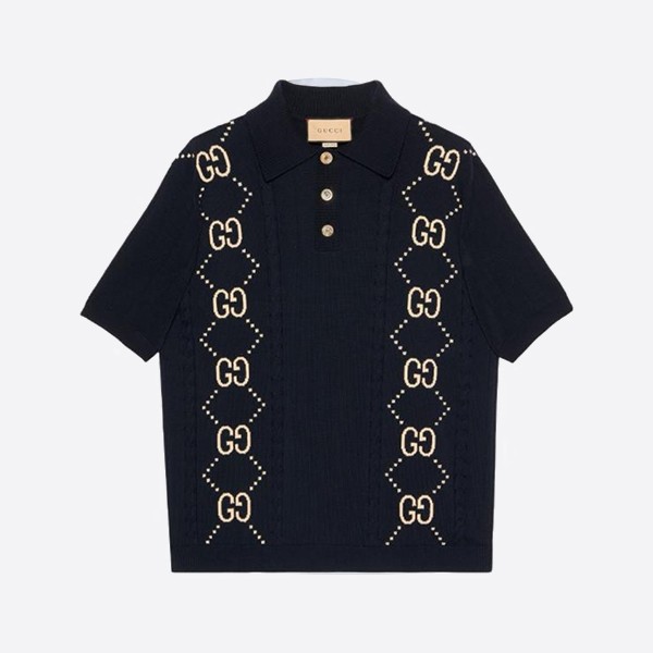グッチ GGインターシャ コットンニット ポロシャツ ネイビー