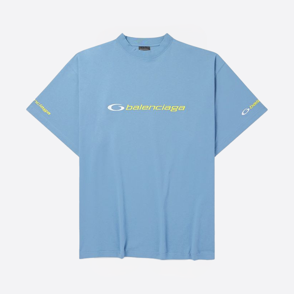 「正規品級」バレンシアガ オーバルロゴ オーバーサイズ Tシャツ ウォッシュ加工 ブルー/イエロー プリント