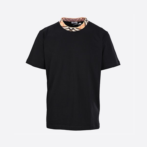 バーバリーチェックネックトリムコットンTシャツ（ブラック）