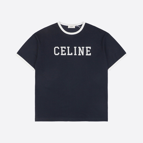 セリーヌ レギュラーTシャツ コットンジャージー ウォッシュドホワイト/ネイビー