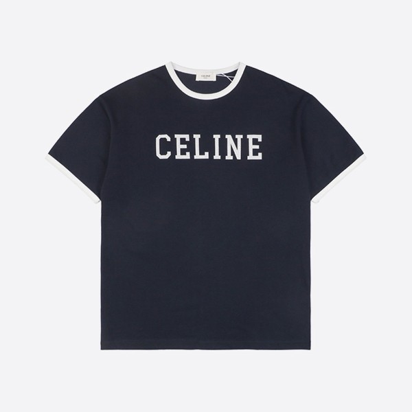 セリーヌ レギュラーTシャツ コットンジャージー ウォッシュドホワイト/ネイビー
