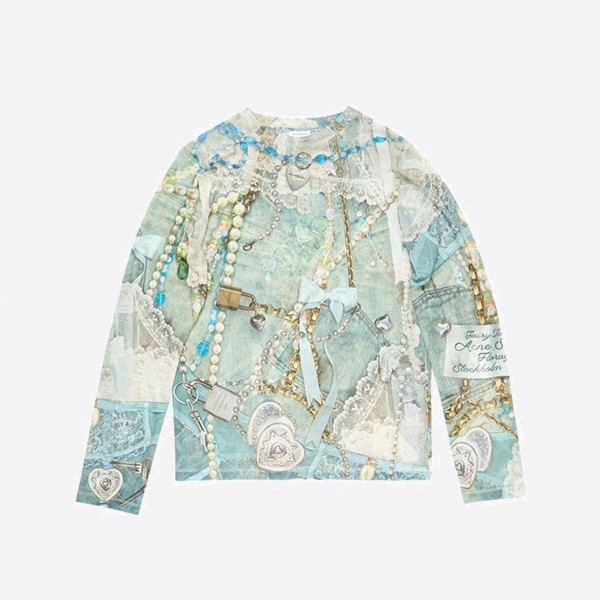 アクネ ストゥディオズ ロングスリーブ プリント Tシャツ ブルー/マルチ