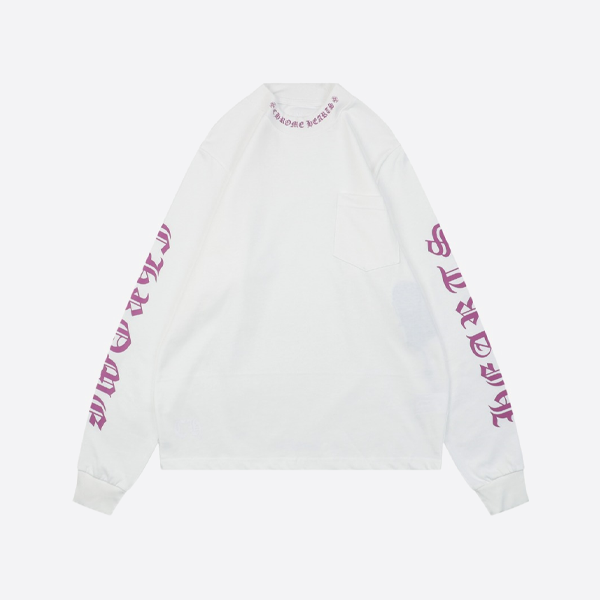 クロムハートネックラインサンスクリットプリントロングスリーブTシャツパープルホワイト