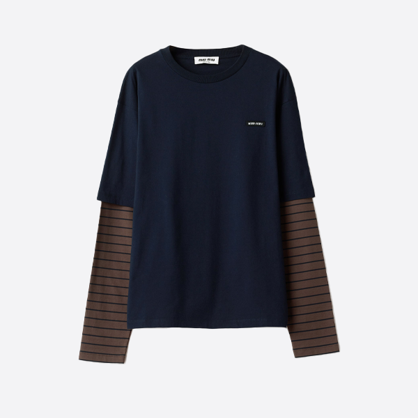 ミュウミュウ 25FW フェイクツーピース ストライプ柄 長袖Tシャツ