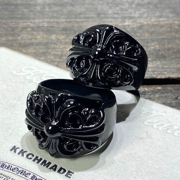 クロームハーツ ブラック＆シルバー ワイド ガーディアンキーパーリング