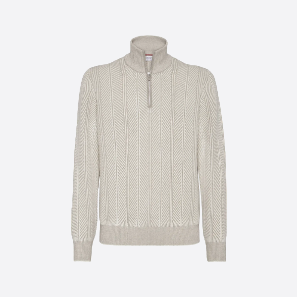 ブルネロ・クチネリのハーフジップダブルスレッドカシミアヘリンボーンセーター