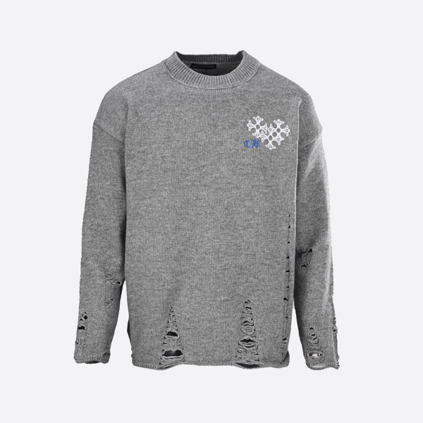 Chrome Hearts 刺繍ディスク サンスクリットクロス リップドニットセーター グレー