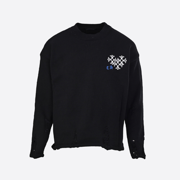 Chrome Hearts エンブロイダリー ディスク サンスクリット クロス リップド ニット セーター ブラック