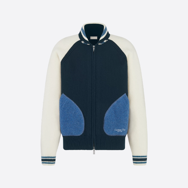 ディオールのスズラン刺繍入りプレッピースタイルのジップアップニットカーディガン