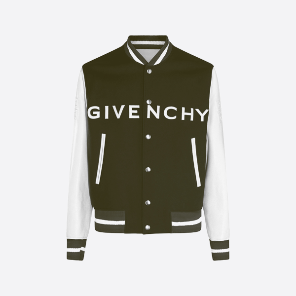 ジバンシィ エンブロイダリー レター レザースリーブ パッチワーク ウール ベースボールジャケット