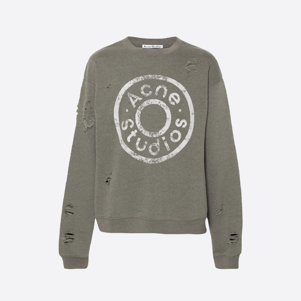 ACNE STUDIOS ダメージ加工プリント リップドクルーネック スウェットシャツ グレー