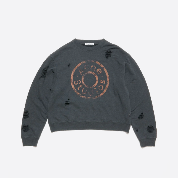 ACNE STUDIOS ダメージ加工プリント リップドクルーネック スウェットシャツ