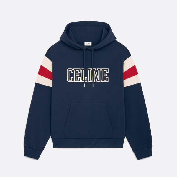 袖と肩にロゴプリントが施されたセリーヌのカラーブロックフード付きスウェットシャツ