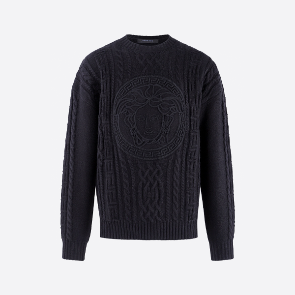 ヴェルサーチの無地ロゴクルーネックニットセーター