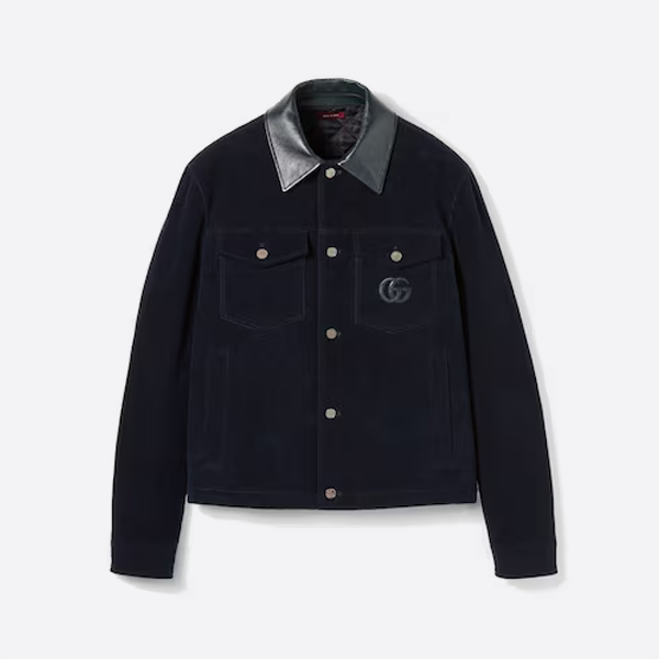 グッチの刺繍入りコーデュロイジャケット（レザーカラー）