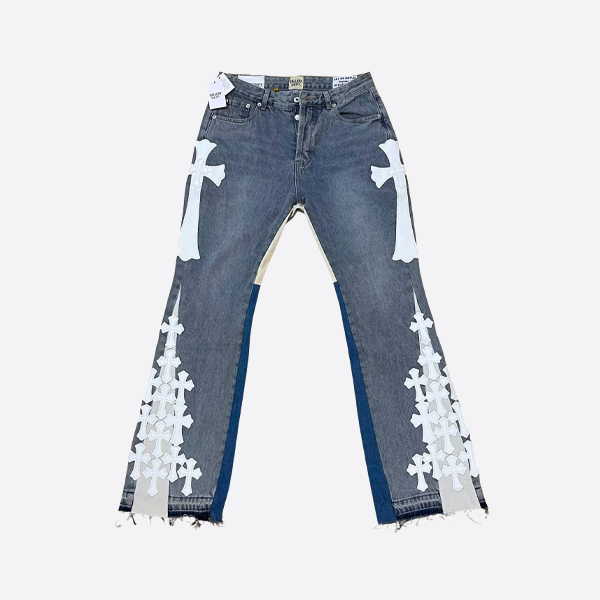 Chrome Hearts パッチワークレザー ホワイトクロス ルーズウォッシュ フレアジーンズ