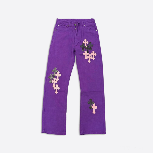 Chrome Heartsのパープルパンツと限定版レザーパッチワークジーンズ