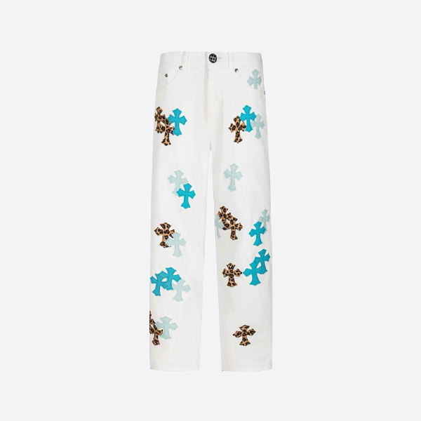 Chrome Hearts ブルーのヒョウ柄パッチワークレザージーンズ