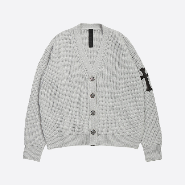 クロムハーツ スリーブレザークロスワッフルニットカシミアカーディガン（グレー）