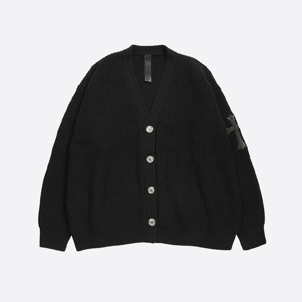 クロムハーツ スリーブレザークロスワッフルニットカシミアカーディガン（ブラック）