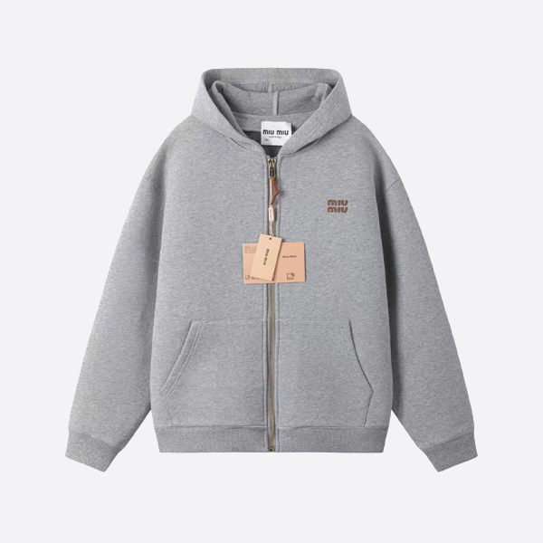 ミュウミュウ レザー ジップアップ フード付きジャケット グレー