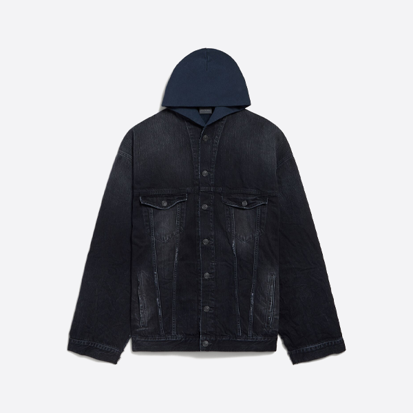 バレンシアガの文字刺繍パッチワークデニムフード付きジャケット