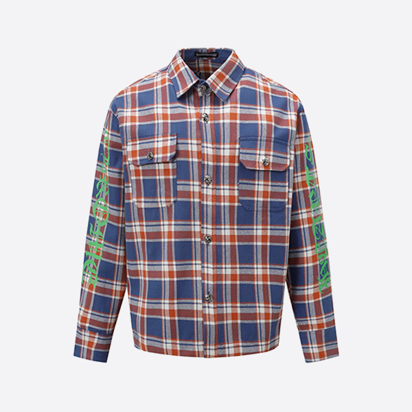 Chrome Hearts ストライプ チェック柄 パッチワーク シルバーボタン 長袖シャツ (ブルー)