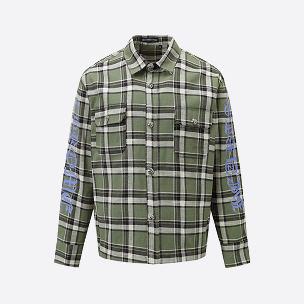 Chrome Hearts ストライプ柄 チェック柄 パッチワーク シルバーボタン 長袖シャツ グリーン