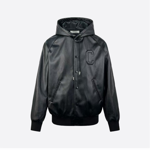 セリーヌ ロゴ レザー フード付きジャケット