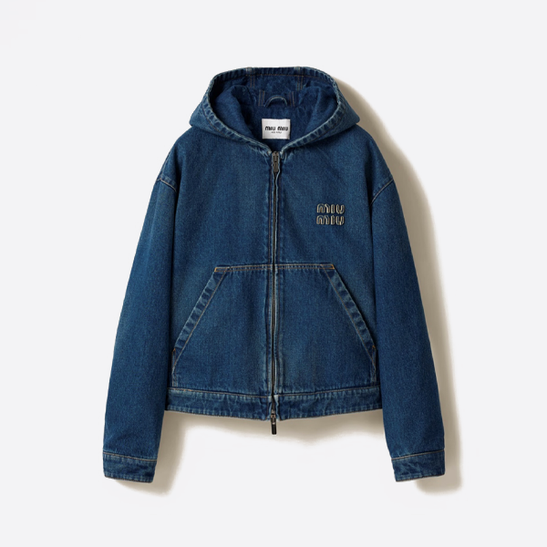ミュウミュウ アップリケ ジッパー フード付きデニムジャケット