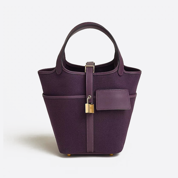 エルメスのレザーとキャンバスの野菜バスケット、18cm、パープル。