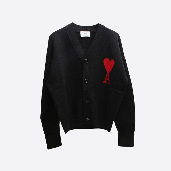 アミ パリ マイクロロゴ刺繍ハートカーディガン、ブラック