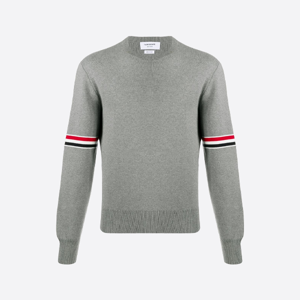 トムブラウン 厚手ダブルスリーブ ロゴ クルーネック セーター グレー