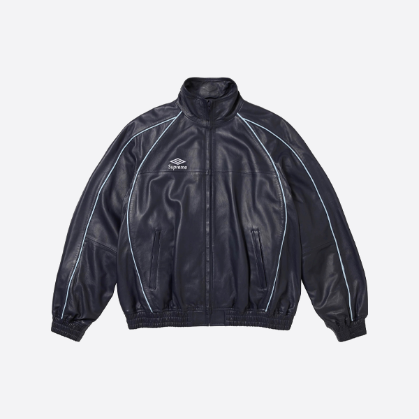 Supreme x Umbro コラボ 刺繍ロゴ ジッパーレザージャケット ネイビーブルー