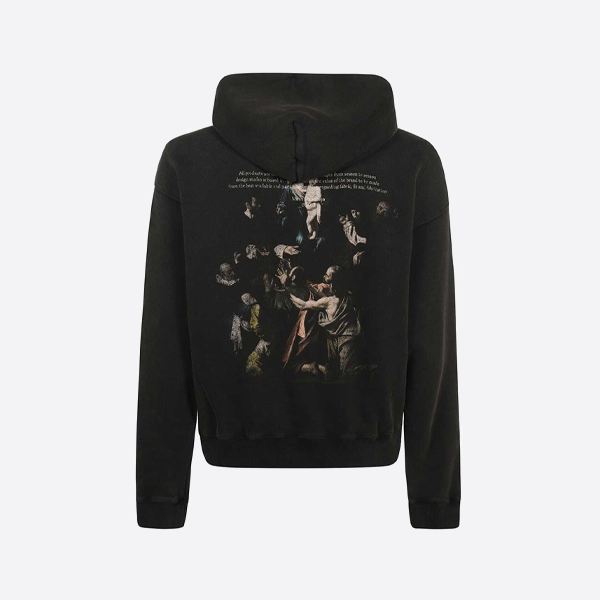 背中にメアリー・アテナのプリントが施されたオフホワイトのフード付きスウェットシャツ