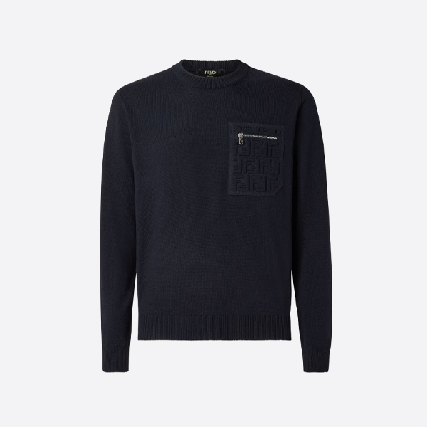 フェンディ ネイビーブルー クルーネック セーター（エンボス加工ポケット付き）
