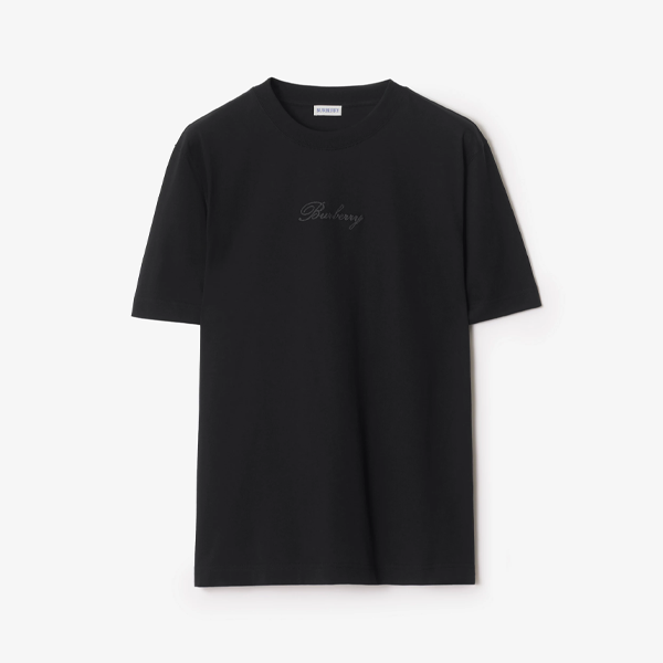 バーバリーチェック刺繍クルーネック半袖ブラックトップス