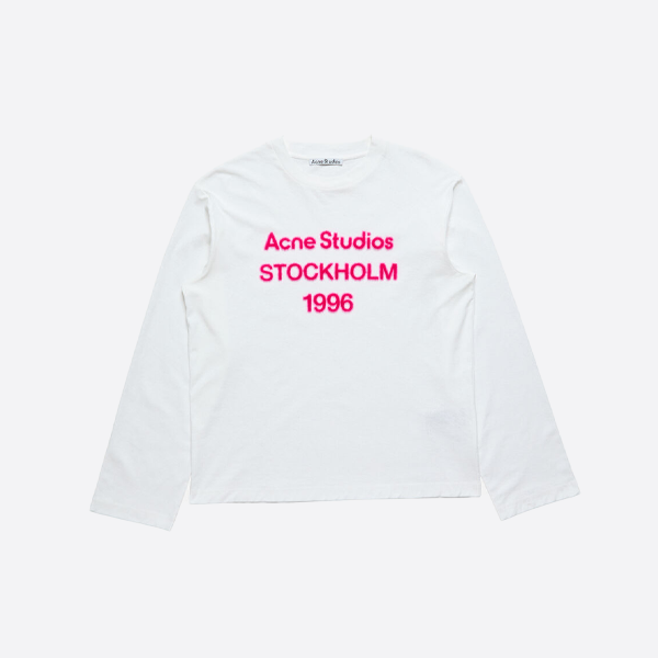 アクネ ストゥディオズ ピンク フロッキー加工レタープリント長袖Tシャツ