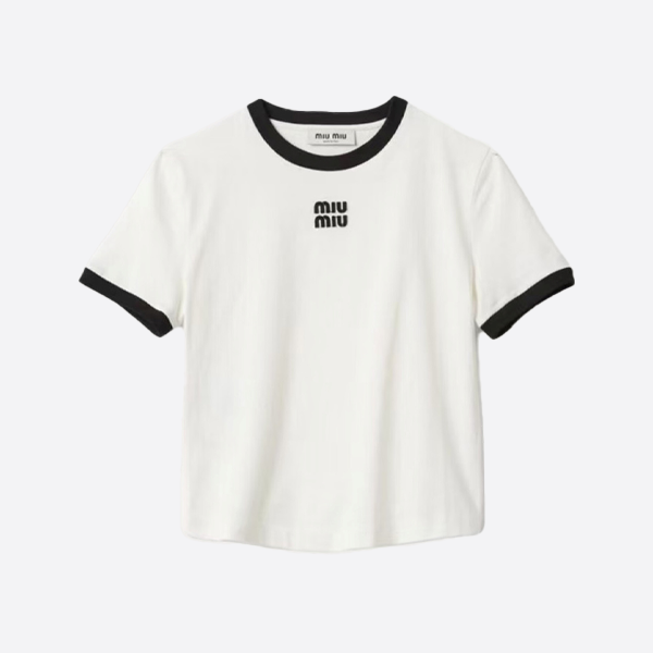 ミュウミュウ カラーブロックカラー刺繍ロゴ入り半袖Tシャツ