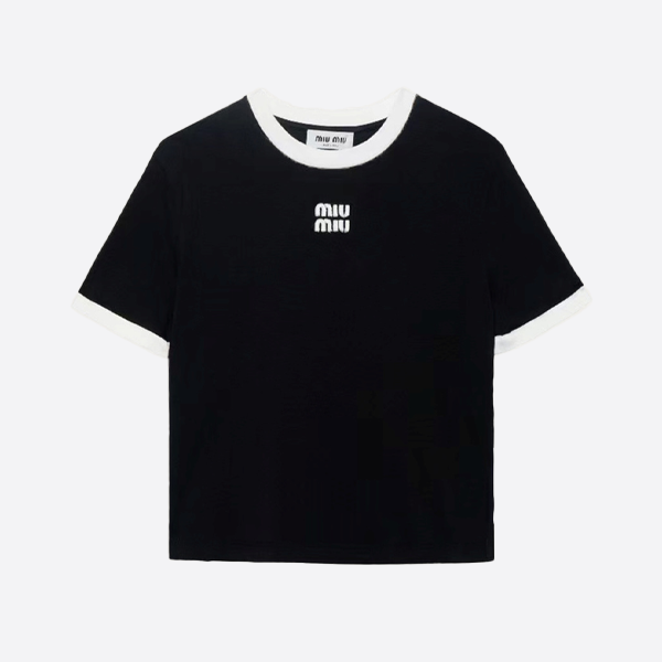 ミュウミュウ カラーブロックカラー刺繍ロゴ入り半袖Tシャツ、ブラック