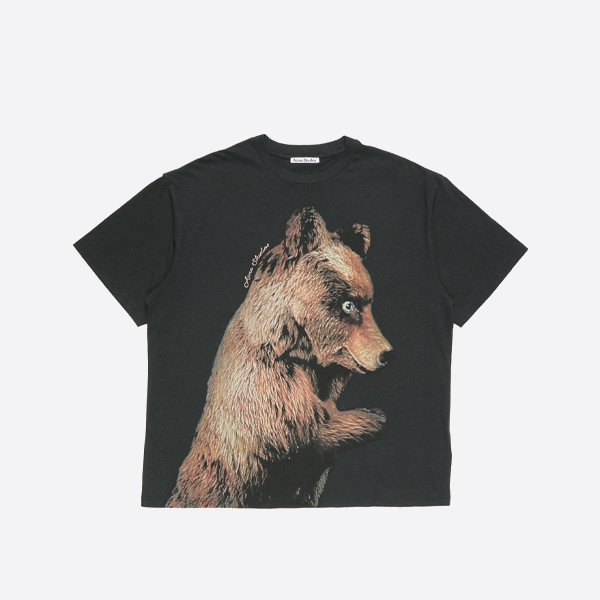 アクネ ストゥディオズ風の茶色のクマ柄プリントの半袖Tシャツ