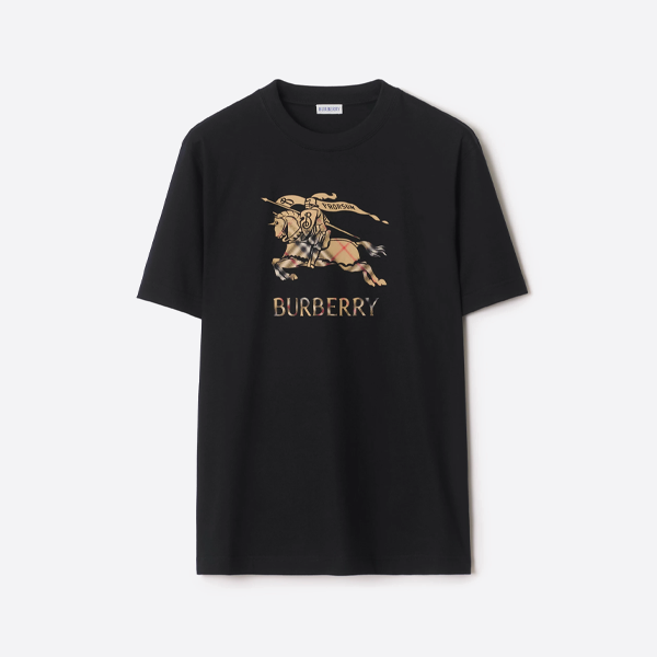 バーバリーチェック柄乗馬用デジタルダイレクトプリント半袖Tシャツ、ブラック