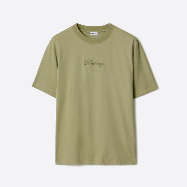 バーバリーの筆記体ロゴ刺繍入りTシャツ、グリーン
