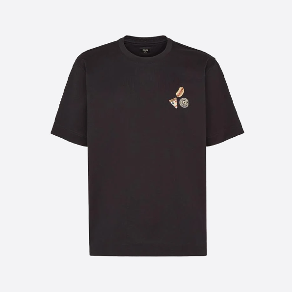 フェンディ ピザ柄刺繍入り半袖Tシャツ、ブラック