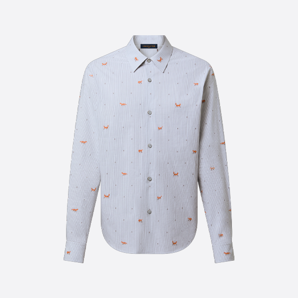 ルイ・ヴィトンのストライプ柄長袖シャツ、全面にキツネのロゴプリント入り